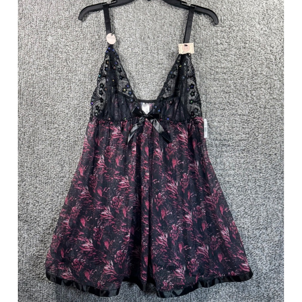 Spree Intimates 2pc Set‎ Babydoll Triangle Cup Pink Black Sequin Lace Womens 2X
